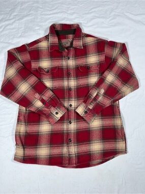 Orvis Red and Cream Plaid Flannel Shirt Jacket Mens Large 100% Cotton